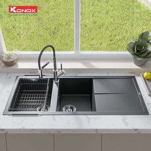 Chậu rửa bát Granite Sink Livello Smart 1160 – BlackSiphon, giá úp bát inox