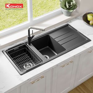 Chậu rửa bát Granite Sink Phoenix 1160 – BlackSiphon, giá úp bát inox