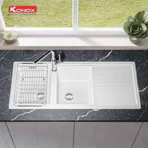 Chậu rửa bát Granite Sink Phoenix 1160 – White SilverSiphon, giá úp bát inox