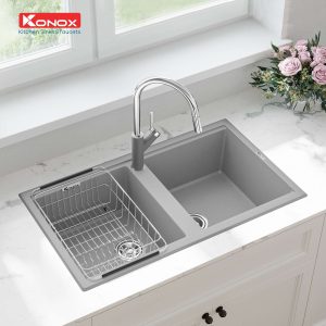 Chậu rửa bát Granite Sink Phoenix Smart 860 – GreySiphon, giá úp bát inox