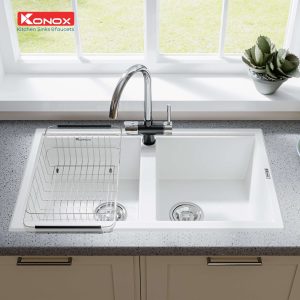 Chậu rửa bát Granite Sink Phoenix 860 – White SilverSiphon, giá úp bát inox