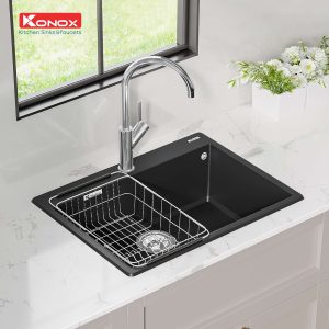 Chậu rửa bát Granite Sink Ruvita 680 – BlackSiphon, giá úp bát inox