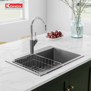 Chậu rửa bát Granite Sink Ruvita 680 – GreySiphon, giá úp bát inox