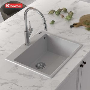 Chậu rửa bát Granite Sink Ruvita 680 – White SilverSiphon, giá úp bát inox