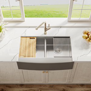 Chậu rửa bát Workstation Sink – Apron Sink KN8751DA CurveSiphon, thớt gỗ, roll mat