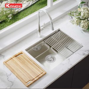Chậu rửa bát Workstation Sink – Undermount Sink KN6046SUSiphon, thớt gỗ, roll mat