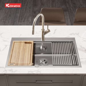 Chậu rửa bát Workstation Sink – Topmount Sink KN8050TSSiphon, thớt gỗ, roll mat