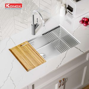 Chậu rửa bát Workstation Sink – Undermount Sink KN8046SUSiphon, thớt gỗ, roll mat