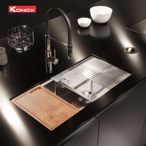 Chậu rửa bát Workstation Sink – Undermount Sink KN8745DUBSiphon, thớt gỗ, roll mat