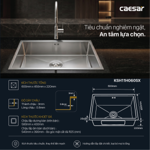 Chậu rửa chén inox 1 hộc âm viền - KSH11H060SX