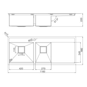 Chậu rửa chén 2 hố inox 304 kích thước 116 cm