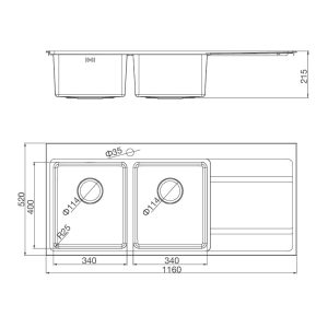 Chậu rửa chén 2 hố Inox 304 kích thước 116 cm