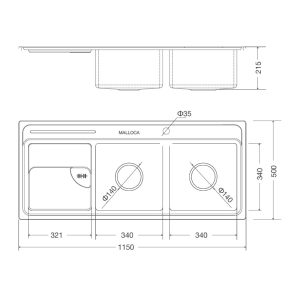 Chậu rửa chén 2 hố Inox 304 kích thước 115 cm