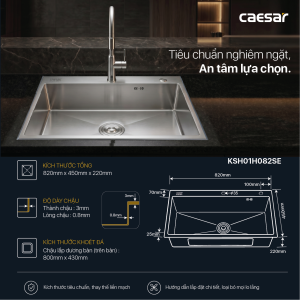 Chậu rửa chén inox 1 hộc mài vát cạnh - KSH01H082SE
