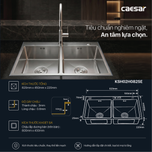 Chậu rửa chén inox 2 hộc mài vát cạnh - KSH02H082SE