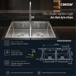 Chậu rửa chén inox 2 hộc mài vát cạnh - KSH02H082SX