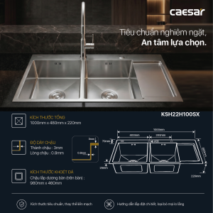 Chậu rửa chén inox 2 hộc có bàn ráo nước - KSH22H100SX