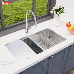 Chậu rửa bát chống xước Workstation Sink – Undermount Sink KN8646DU DekorSiphon, giá úp bát inox, thớt inox