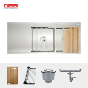 Chậu rửa bát Workstation Sink – Topmount Sink KN11650TD – Bàn tráiSiphon, thớt gỗ, roll mat